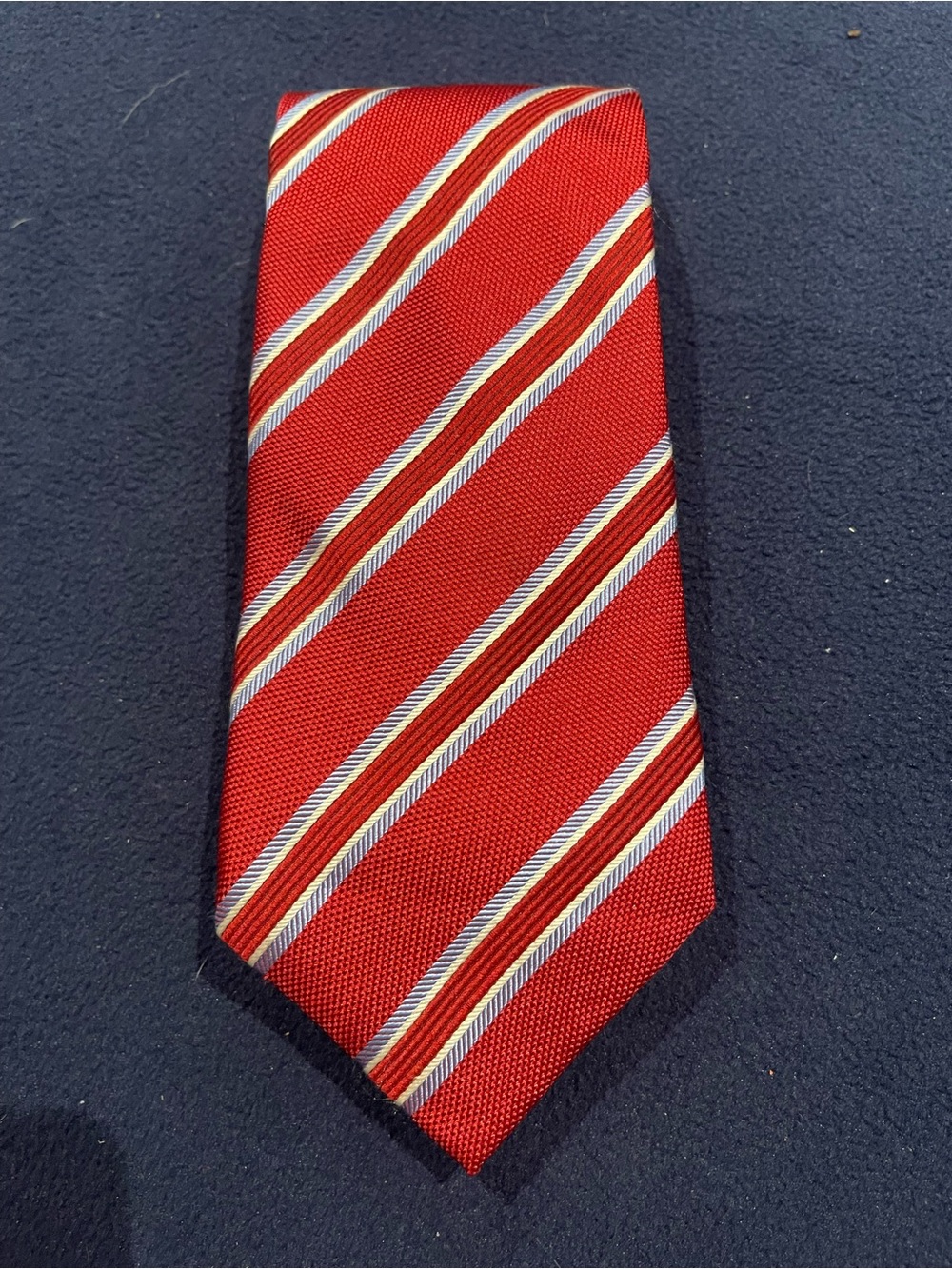 Men's Red Diagonal Stripe Tie with light blue & white Accents
